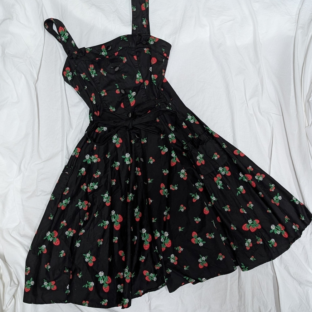 Hell Bunny Black Dress with Strawberries and Floral Pattern